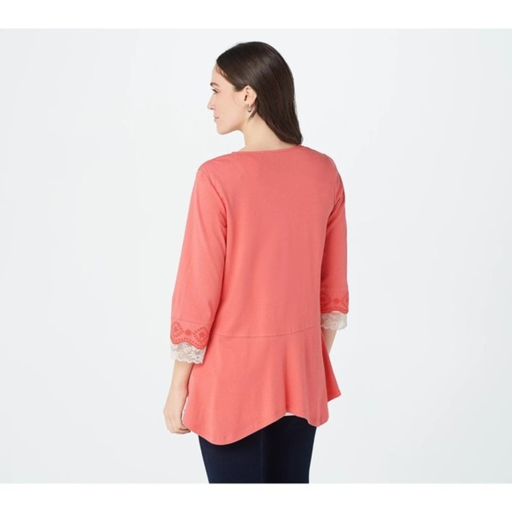 LOGO by Lori Goldstein Cotton Modal Cardigan w/ Lace Vibrant Coral Women's XXS - Picture 5 of 8